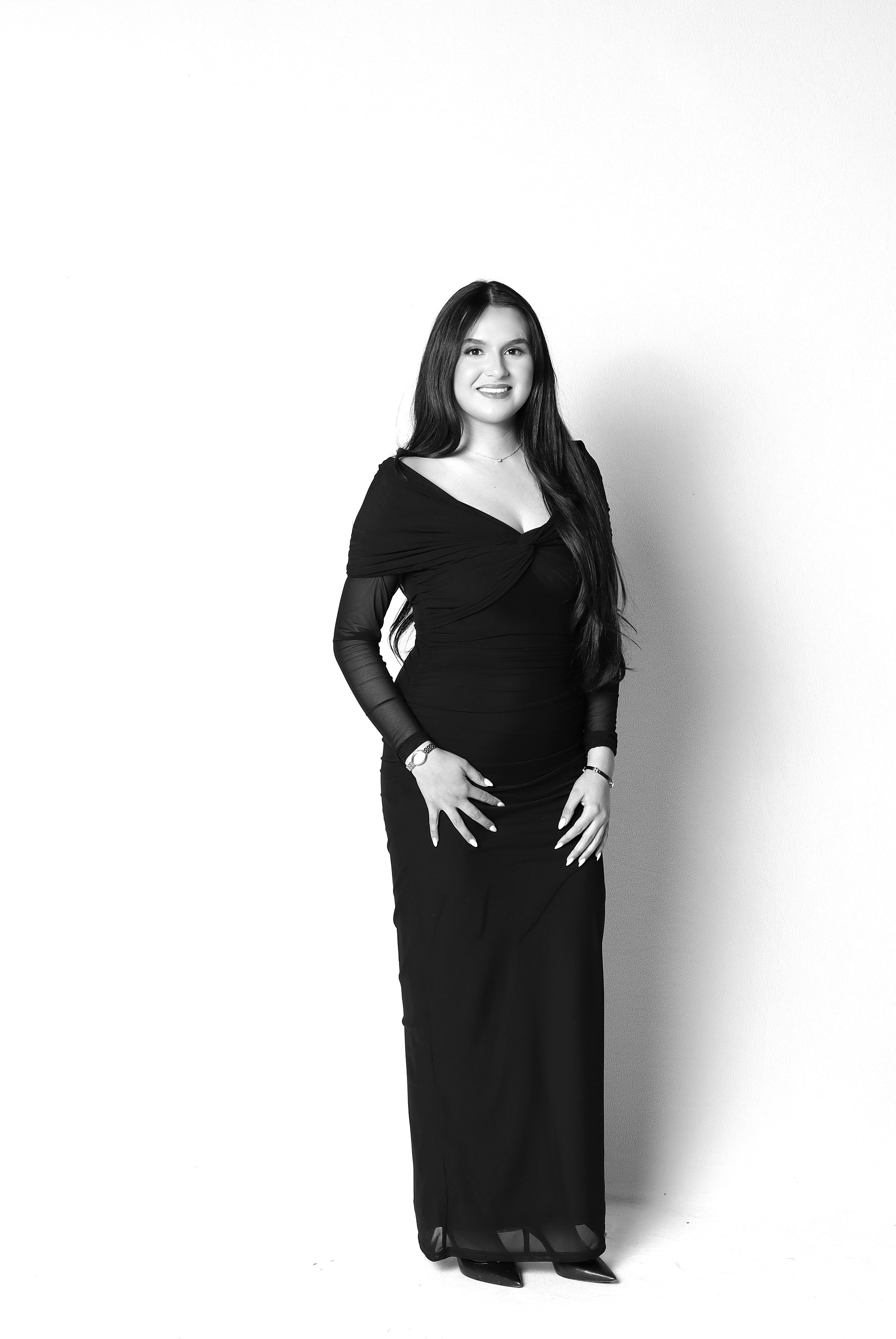 Guest posing for a black and white glam photo booth portrait in Dallas